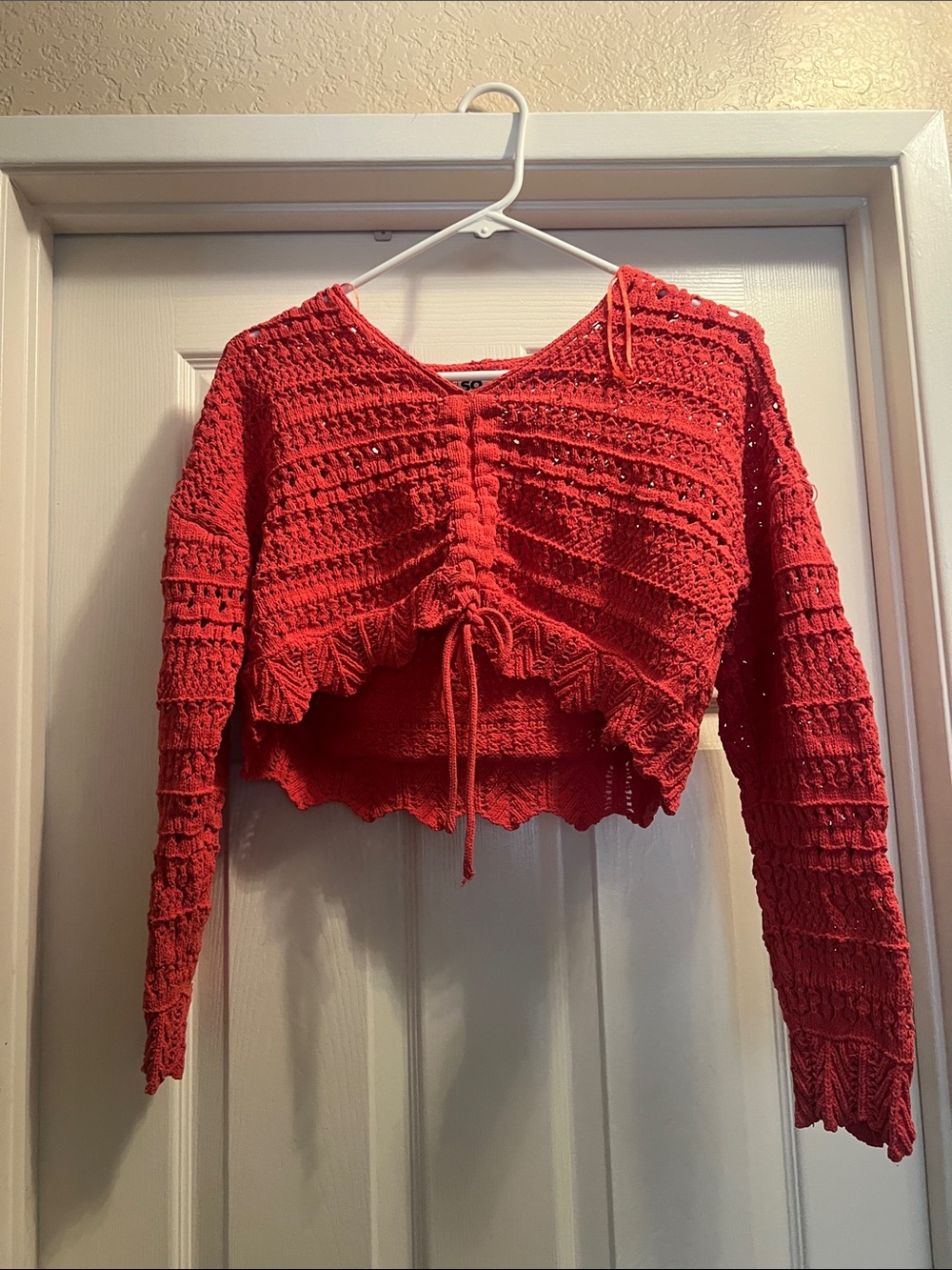 Red/orange Crochet Drawstring Crop Top - Women's Knit Blouse